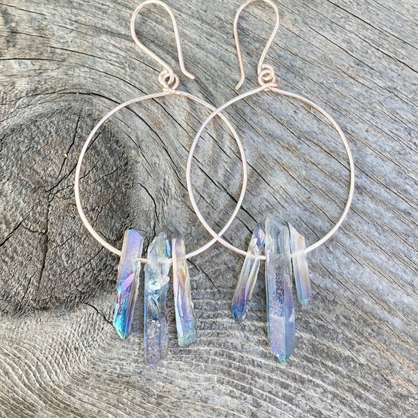 Crystal point hoop earrings, rainbow quartz earrings, raw crystal earrings, angel aura earring, boho hoop earrings, raw stone earrings