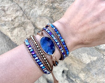 Lapis Lazuli bracelet, Beaded Crystal bracelet, natural gemstone, Raw Stone bracelet, boho wrap bracelet, Bohemian yoga jewelry, Rose Quartz