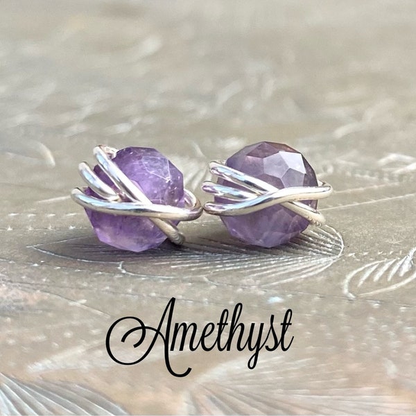 Amethyst Stud earrings, February birthstone earrings, crystal stud earrings, Wire wrapped earrings, purple gemstone earrings, dainty studs