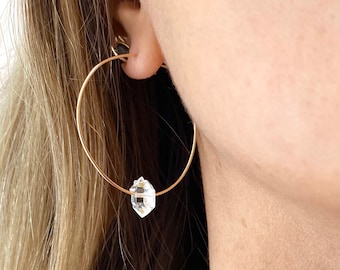 Herkimer Diamond earrings, Raw Diamond earrings, crystal hoop earrings, raw stone earrings, bridal jewelry, bridesmaid gift,April birthstone