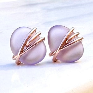 Sea glass stud earrings, Purple Sea Glass Studs, Dainty silver studs, crystal stud earrings, beach jewelry, bridal earrings, blue sea glass