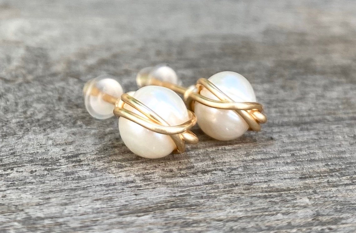 Pearl stud earrings gold pearl earrings wire wrap earrings | Etsy