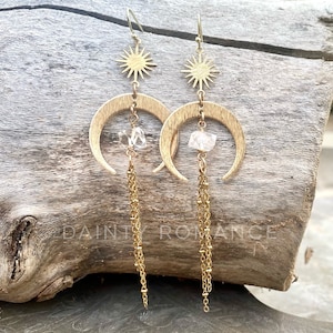 Crescent moon earrings, moon and sun earrings, crystal earrings, raw crystal, Herkimer Diamond earrings, boho earrings, bohemian earrings