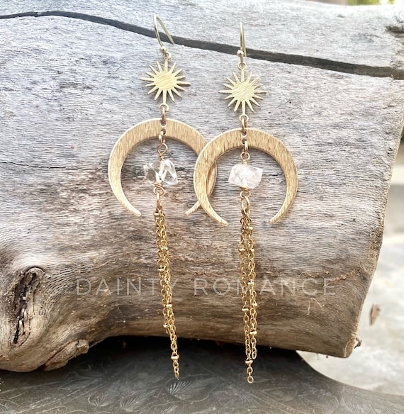 Crescent moon earrings, moon and sun earrings, crystal earrings, raw crystal, Herkimer Diamond earrings, boho earrings, bohemian earrings
