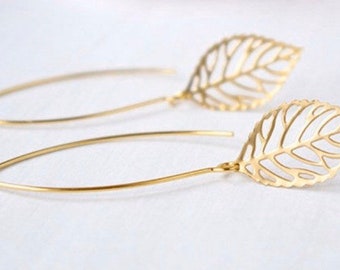 Gold Leaf Earrings, Long Threader Earrings, Filigree leaf Earrings, Leaf Threader earrings, Boho Earrings, simple gold leaf earrings