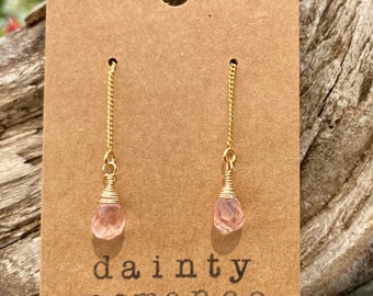 Cherry quartz Earrings, Crystal Quartz Earrings, Pink gemstone Earrings, simple ear threaders, pink quartz earrings, long threader earrings