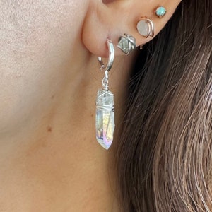 Sterling Silver Crystal Huggies, Angel Aura earrings, Small hoop earrings, raw crystal earrings, rainbow crystal, lever back earrings