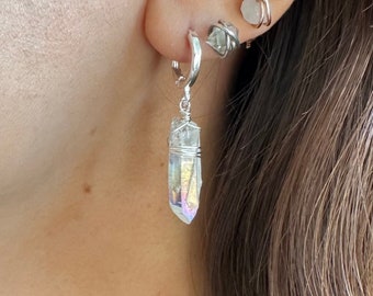 Sterling Silver Crystal Huggies, Angel Aura earrings, Small hoop earrings, raw crystal earrings, rainbow crystal, lever back earrings