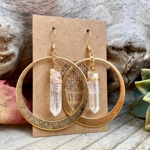 Crystal Hoop earrings, Raw crystal earrings, Angel Aura Quartz, Crystal point hoops, boho bridal jewelry, Bohemian gold hoops, silver hoops