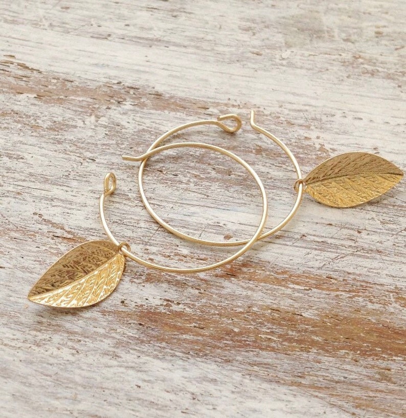Gold Leaf Hoop Earrings Sterling Silver Leaf Hoop Earring Etsy