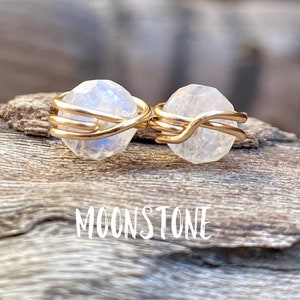 Moonstone stud earrings, Rainbow moonstone earrings, dainty gold studs, wire wrapped studs, June birthstone earrings, crystal stud earrings