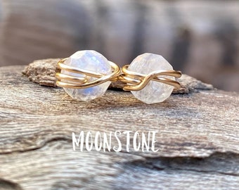 Moonstone stud earrings, Rainbow moonstone earrings, dainty gold studs, wire wrapped studs, June birthstone earrings, crystal stud earrings