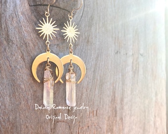 Månsolkristallörhängen, kristallmåneörhängen, halvmåne, häxörhängen, boho kristallörhängen, himmelska örhängen, gudinnaörhängen