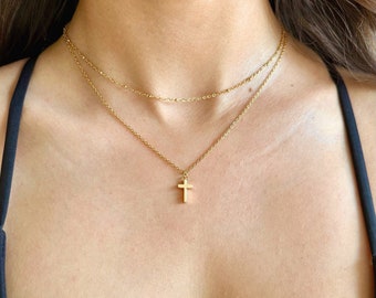 Goldkreuz-Halskette, religiöse Halskette, zierliche Goldkette, 18 Karat Gold, Layer-Kreuz-Halskette, Layering-Halsketten-Set, Kreuz-Choker-Halskette
