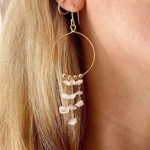 Rose quartz hoop earrings, dainty hoops, raw stone earrings, pink gemstone earrings, raw crystal earrings, dangle hoops ,bridal jewelry