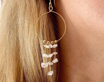 Rose quartz hoop earrings, dainty hoops, raw stone earrings, pink gemstone earrings, raw crystal earrings, dangle hoops ,bridal jewelry