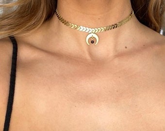 Gold choker necklace, black tourmaline, moonstone, gold chevron chain,moon necklace, crescent moon, arrow chain necklace, fishbone necklace