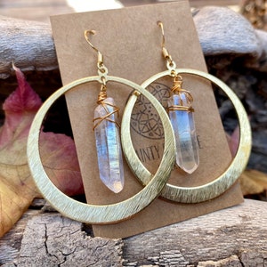 Crystal Hoop earrings, Raw crystal earrings, Angel Aura, natural Quartz, boho hoop, bridal jewelry, earrings, Bohemian earrings,gold hoops