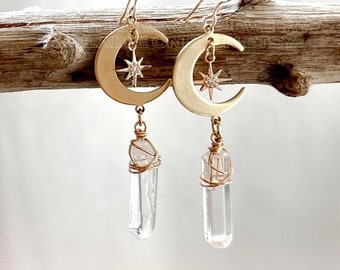 Moon and Stars Earrings, Boho Crystal Earrings, Clear Quartz Crystal, North star Earrings, Witchy Earrings, Tiny Star dangle Dainty Jewelry