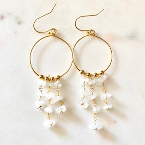 Raw Moonstone earrings, crystal earrings, raw stone earrings, April birthstone earrings, boho hoop earrings, bridal earrings, gift for mom