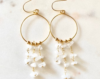 Raw Moonstone earrings, crystal earrings, raw stone earrings, April birthstone earrings, boho hoop earrings, bridal earrings, gift for mom
