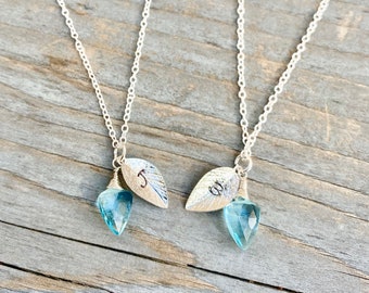 Dainty Aquamarine necklace, March Birthstone necklace, Custom initial necklace, Blue crystal necklace, personalized initial leaf necklace