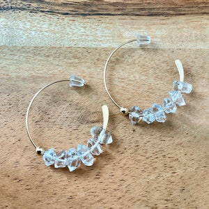 Herkimer Diamond Hoop Earrings, raw diamond, 14k Gold Filled herkimer Diamond earrings, April Birthstone, bridal jewelry, bridesmaid gift