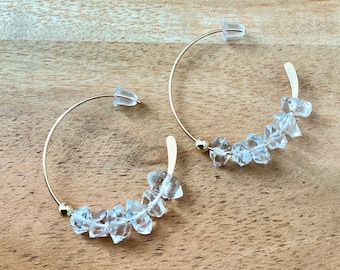 Herkimer Diamond Hoop Earrings, raw diamond, 14k Gold Filled herkimer Diamond earrings, April Birthstone, bridal jewelry, bridesmaid gift