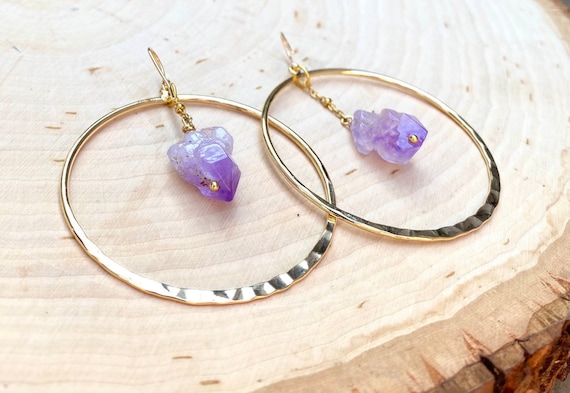 Raw Amethyst Earrings, Crystal Hoop Earrings, Raw Stone Earrings, Large  Gold Hoop Earrings, Bohemian Jewelry, February Birthstone Earrings - Etsy