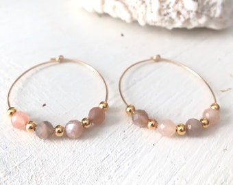 Moonstone Hoop Earrings, gold hoop earrings, dangle and drop earrings, boho earrings, bridesmaid gift, peach stone, beaded hoop earrings