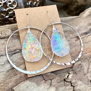 Raw Crystal earrings, Angel Aura earrings, rainbow Quartz,raw stone, healing Crystal Quartz, Crystal Statement earrings, boho hoop earrings