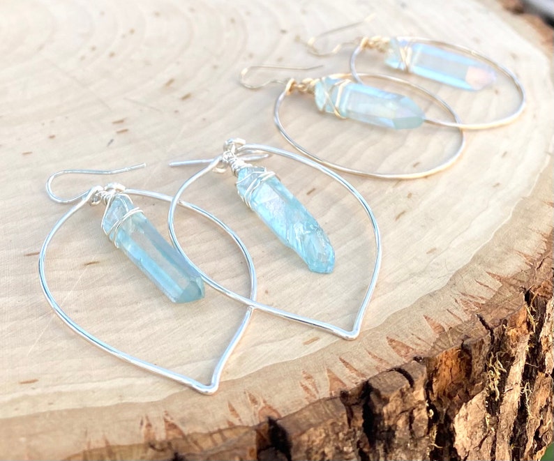 leaf hoops Raw crystal hoop earrings Crystal point hoop earrings boho hoop earrings teardrop hoops quartz earrings angel aura earrings