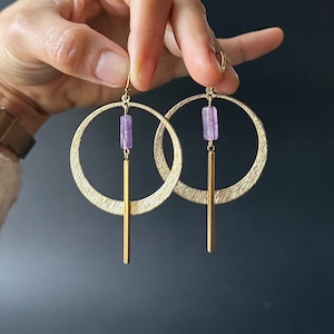 Raw Amethyst earrings, Crystal hoop earrings, raw stone earrings, large gold hoop earrings, bohemian jewelry, February birthstone earrings