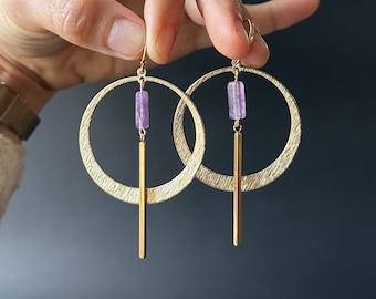 Raw Amethyst earrings, Crystal hoop earrings, raw stone earrings, large gold hoop earrings, bohemian jewelry, February birthstone earrings