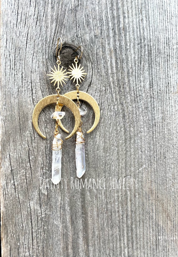 Crystal earrings, moon and sun, moonstone earrings, bohemian earrings, crescent moon, natural quartz, Herkimer Diamond earrings, amethyst