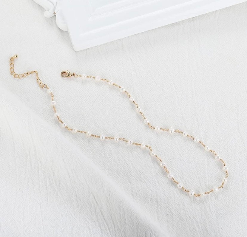 Small Pearl Necklace Tiny Pearl Necklace Gold Choker Etsy