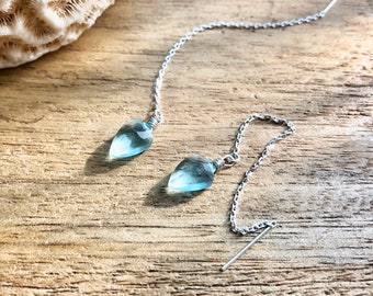 Aquamarine Earrings, Threader Earrings, blue dangle earrings, March birthstone, long threaders, sterling silver threader, dainty earrings,