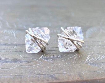 Clear Crystal earrings, Herkimer Diamond earrings, April Birthstone jewelry, Diamond stud earrings, raw crystal, raw diamond, dainty studs