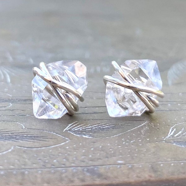 Clear Crystal earrings, Herkimer Diamond earrings, April Birthstone jewelry, Diamond stud earrings, raw crystal, raw diamond, dainty studs