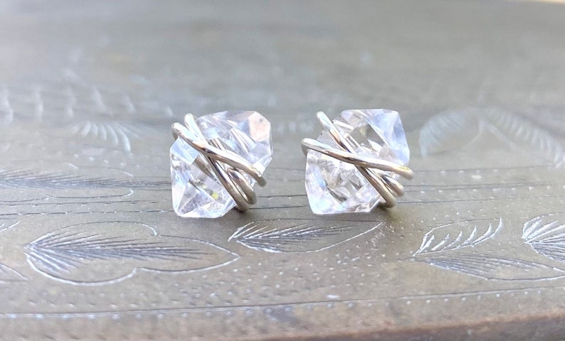 Clear Crystal earrings, Herkimer Diamond earrings, April Birthstone jewelry, Diamond stud earrings, raw crystal, raw diamond, dainty studs image 1