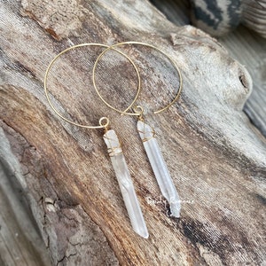 Crystal Hoop earrings, Raw Quartz earrings, open hoop earrings, angel aura earrings, boho hoops, crystal dangle earrings, raw stone jewelry