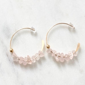Rose Quarts hoop earrings, open hoop earrings, crystal hoop earrings, October birthstone earrings, dainty gold earrings,bridal hoop earrings