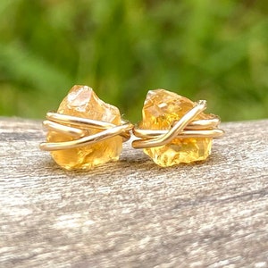 Raw citrine stud earrings, crystal earrings, November birthstone earrings, raw stone jewelry, natural citrine, 18k gold studs dainty jewelry