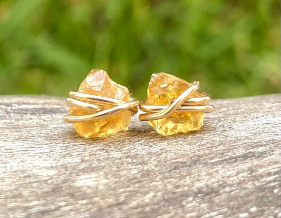 Raw citrine stud earrings, crystal earrings, November birthstone earrings, raw stone jewelry, natural citrine, 18k gold studs dainty jewelry
