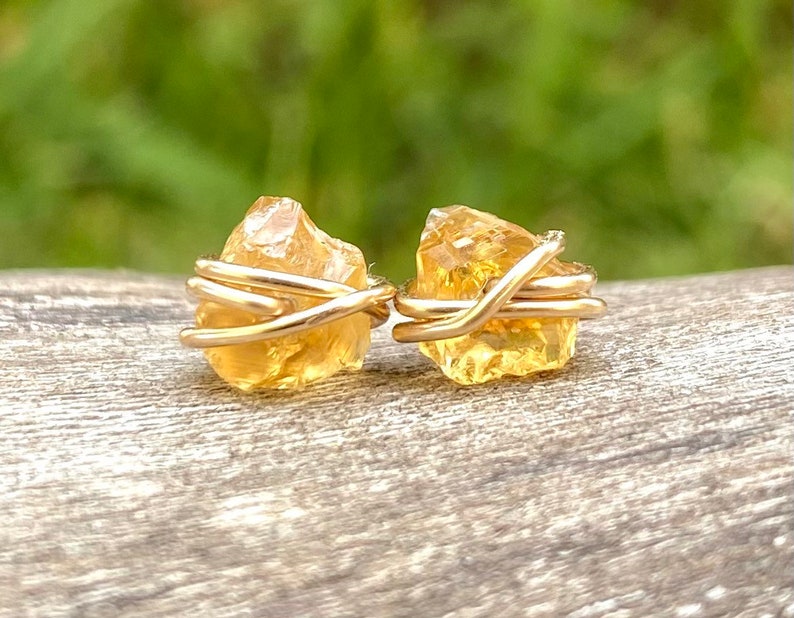 Raw citrine stud earrings, crystal earrings, November birthstone earrings, raw stone jewelry, natural citrine, 18k gold studs dainty jewelry image 1