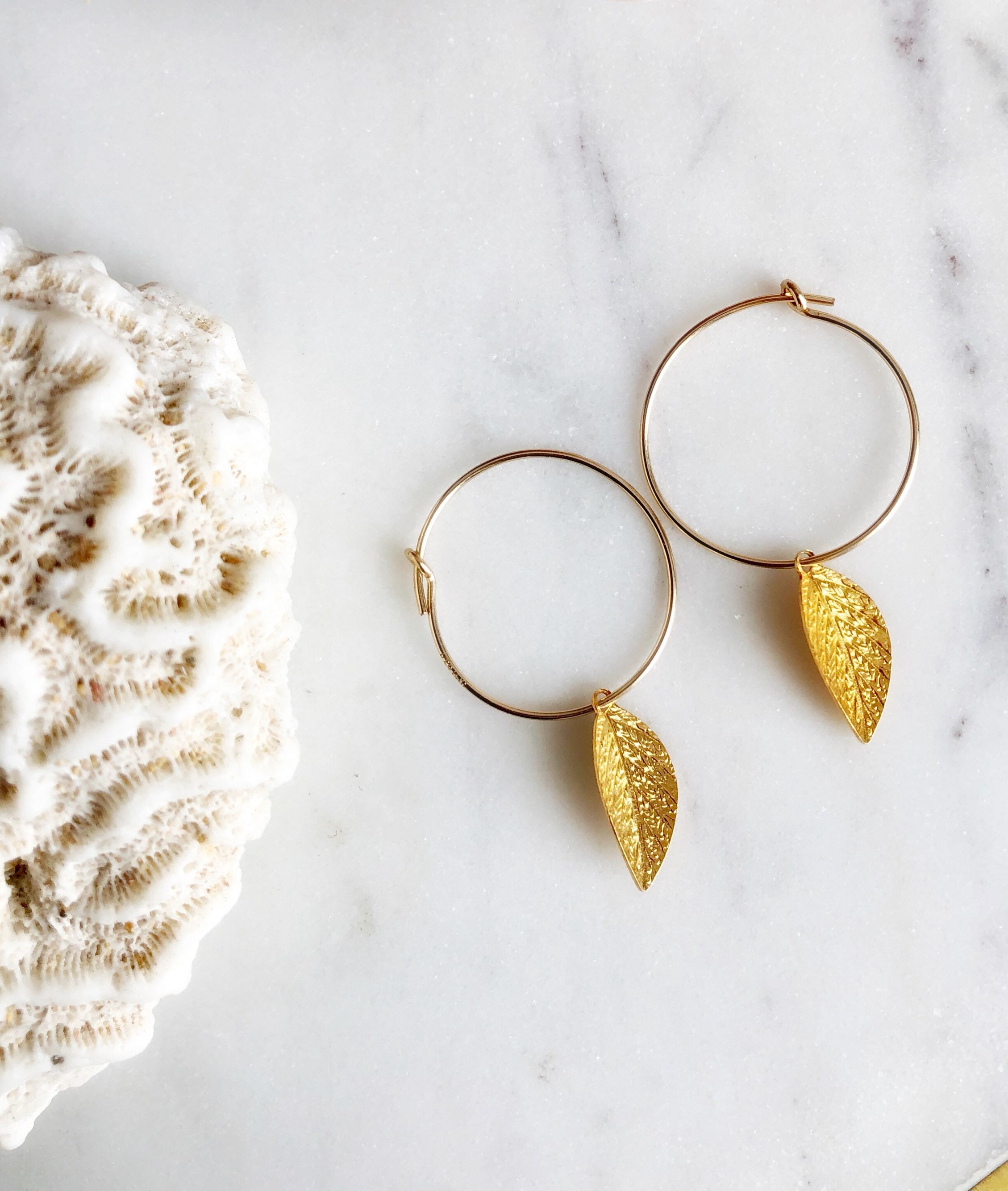 Gold Leaf Hoop Earrings Sterling Silver Leaf Hoop Earring Etsy