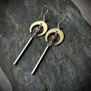 Gold Moon drop earrings, thin gold bar earrings, skinny bar long dangle earrings, crystal earrings tiny star drop, crescent moon earrings