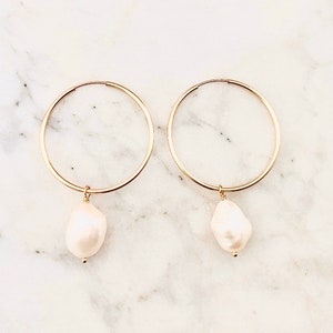 Pearl hoop earrings, bridal earrings, gold hoop earrings, freshwater pearls, bridesmaid gift, white pearl earrings, wedding jewelry, silver