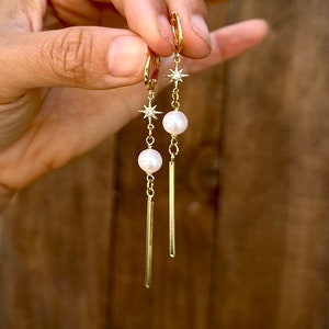 Pearl drop earrings, Long Pearl Dangle Earrings, lever back hoops, dainty pearl earrings,bridal jewelry, Modern gold bar earrings,Real Pearl