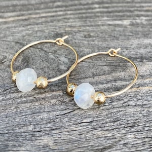 Moonstone Hoop earrings, crystal hoop earrings, gold hoop earrings, small hoop earrings, healing stone jewelry, everyday hoop earrings